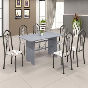 Conjunto de Mesa 070 140x75cm Tampo Granito com 6 Cadeiras Bianca Soma Móveis Arabesco / Mart Prata