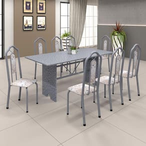 Conjunto de Mesa 071 180x75cm Tampo Granito com 8 Cadeiras Bianca Soma Móveis Botanic Bege / Mart Perola
