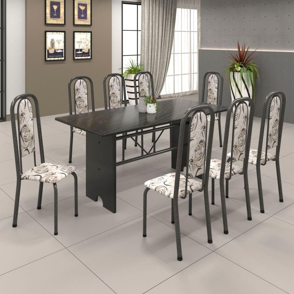 Conjunto de Mesa 071 180x75cm Tampo Ardósia com 8 Cadeiras Lavínea Soma Móveis Arabesco / Mart Prata