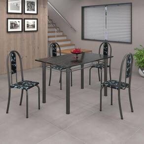 Conjunto de Mesa 010 Tubular 120cm com Tampo de Ardósia 4 cadeiras Iris Soma Móveis Preto Floral / Mart Prata