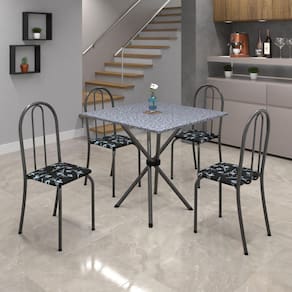 Conjunto de Mesa Tubular 70x70cm Tampo de Granito com 4 Cadeiras Ane B Soma Móveis Preto Floral / Mart Prata