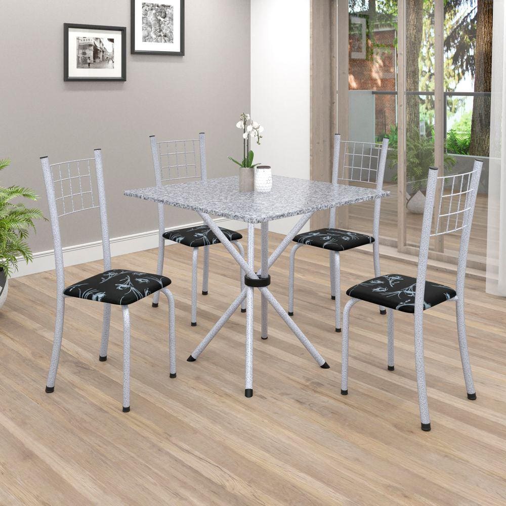 Conjunto de Mesa Tubular 70x70cm Tampo em Granito com 4 Cadeiras Dany Soma Móveis Preto Floral / Mart Perola