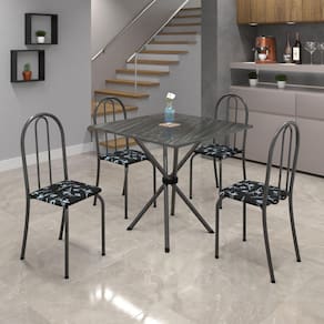 Conjunto de Mesa Tubular 70x70cm Tampo de Ardósia com 4 Cadeiras Ane B Soma Móveis Preto Floral / Mart Prata