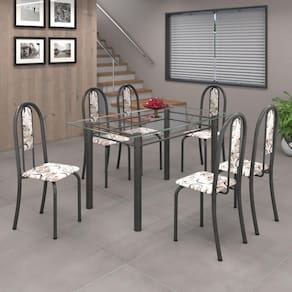 Conjunto de Mesa 010 Tubular 140cm com Tampo de Vidro 6 Cadeiras Iris Soma Móveis Arabesco / Mart Prata