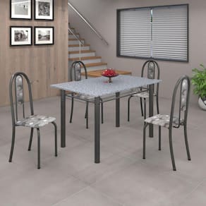 Conjunto de Mesa 010 Tubular 120cm com Tampo de Granito 4 cadeiras Iris Soma Móveis Paraopeba / Mart Prata