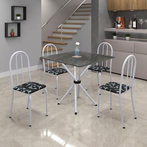 Conjunto de Mesa Tubular 70x70cm Tampo de Ardósia com 4 Cadeiras Ane B Soma Móveis Preto Floral / Mart Perola