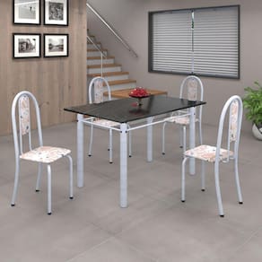 Conjunto de Mesa 010 Tubular 120cm com Tampo de Ardósia 4 cadeiras Iris Soma Móveis Botanic Bege / Mart Perola