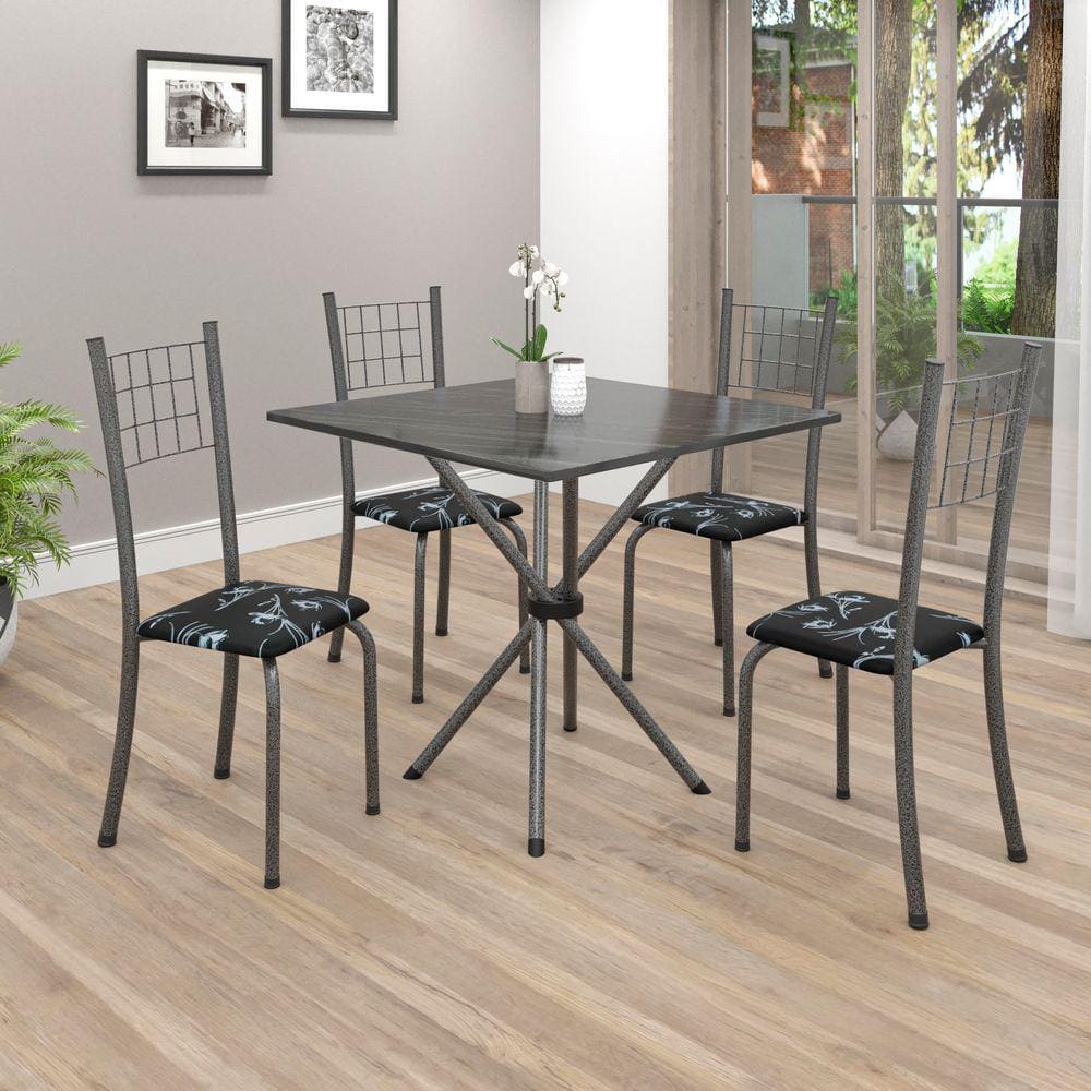 Conjunto de Mesa Tubular 70x70cm Tampo em Ardósia com 4 Cadeiras Dany Soma Móveis Preto Floral / Mart Prata