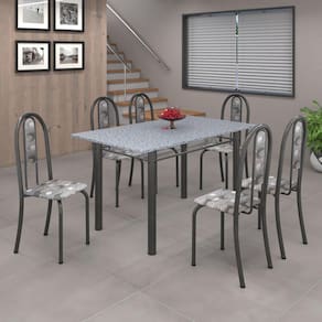 Conjunto de Mesa 010 Tubular 140cm com Tampo de Granito 6 Cadeiras Iris Soma Móveis Paraopeba / Mart Prata