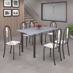 Conjunto de Mesa 010 Tubular 140cm com Tampo de Granito 6 Cadeiras Iris Soma Móveis Arabesco / Mart Prata