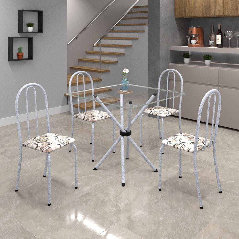 Conjunto de Mesa Tubular 75x75cm Tampo de Vidro com 4 Cadeiras Ane B Soma Móveis Arabesco / Mart Perola