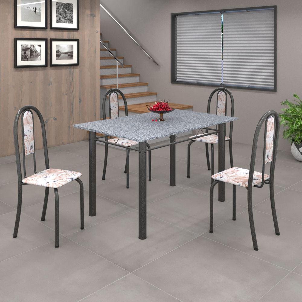 Conjunto de Mesa 010 Tubular 120cm com Tampo de Granito 4 cadeiras Iris Soma Móveis Botanic Bege / Mart Prata