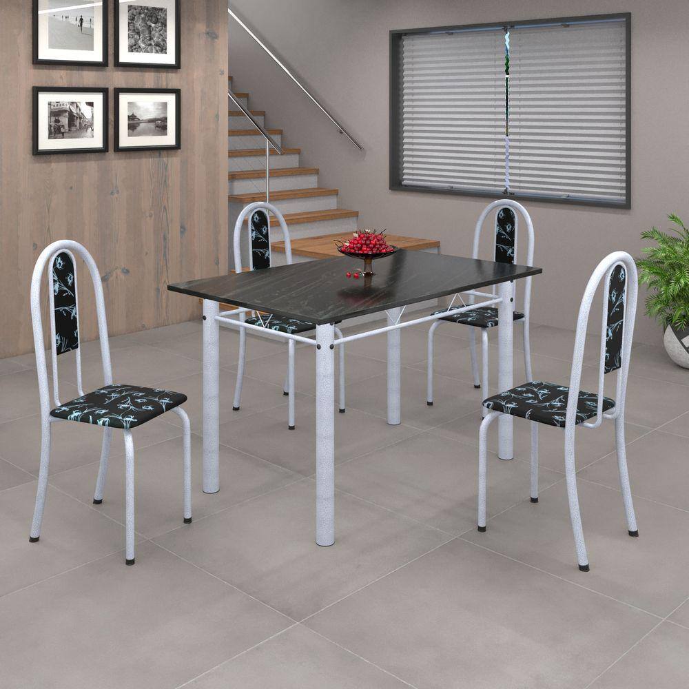 Conjunto de Mesa 010 Tubular 120cm com Tampo de Ardósia 4 Cadeiras Iris Soma Móveis Preto Floral / Mart Perola