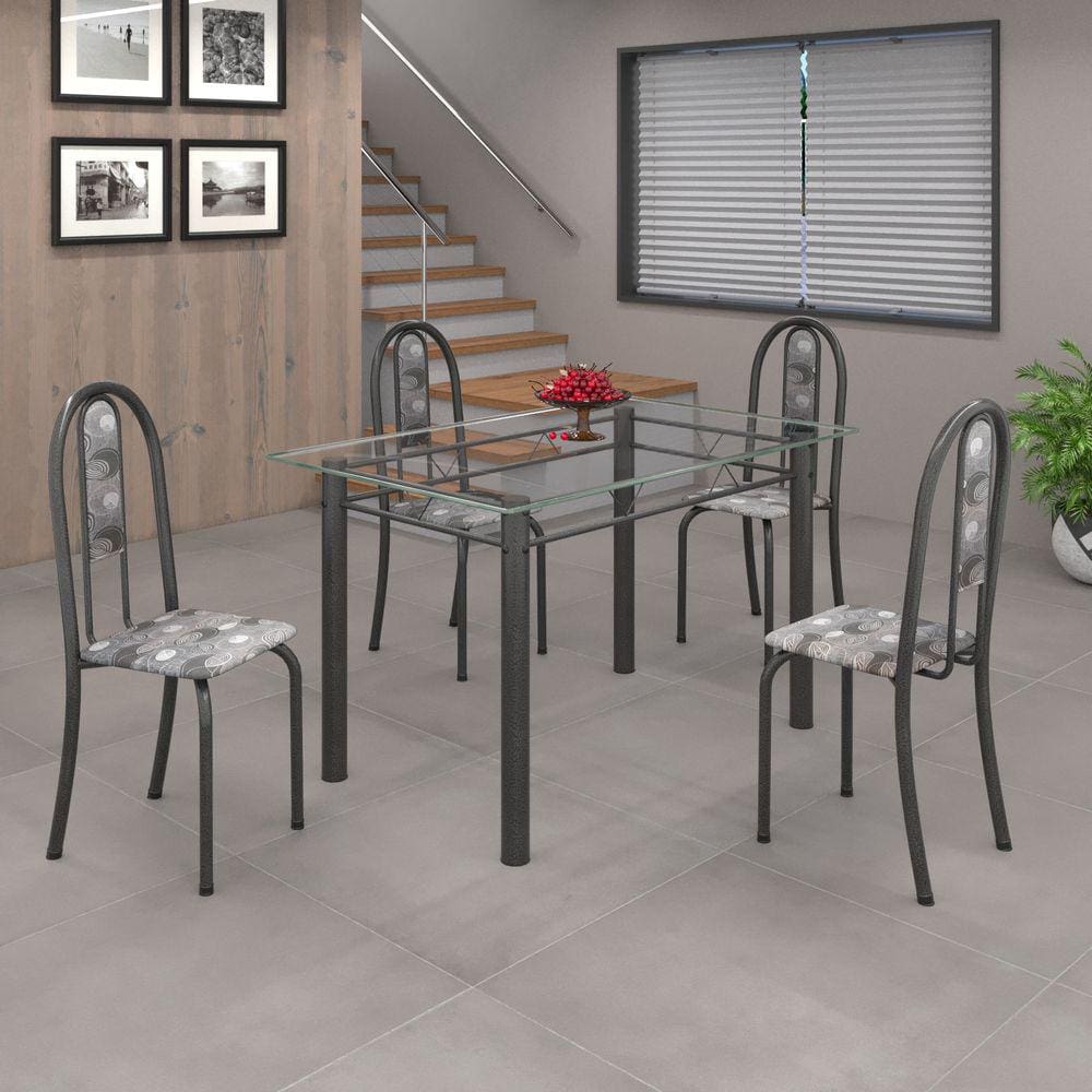 Conjunto de Mesa 010 Tubular 120cm com Tampo de Vidro 4 Cadeiras Iris Soma Móveis Paraopeba/Martelado Prata