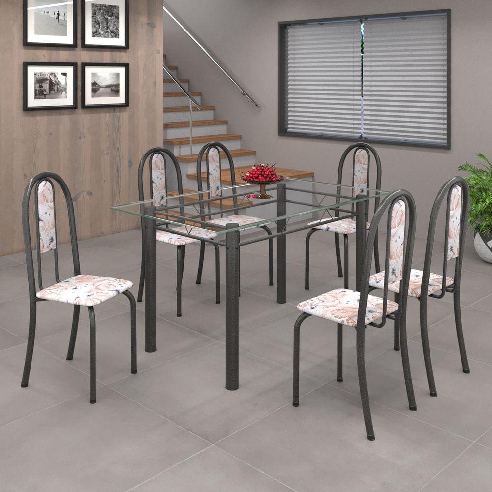 Conjunto de Mesa 010 Tubular 140cm com Tampo de Vidro 6 Cadeiras Iris Soma Móveis Botanic Bege / Mart Prata