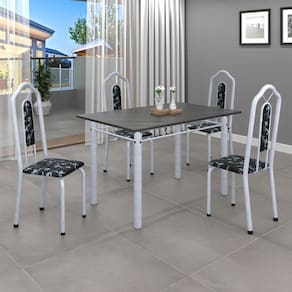 Conjunto de Mesa 010 Tubular 120x75cm Tampo Ardósia com 4 Cadeiras Bianca Soma Móveis Preto Foral / Mart Perola