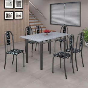 Conjunto de Mesa 010 Tubular 140cm com Tampo de Granito 6 cadeiras Iris Soma Móveis Preto Floral / Mart Prata