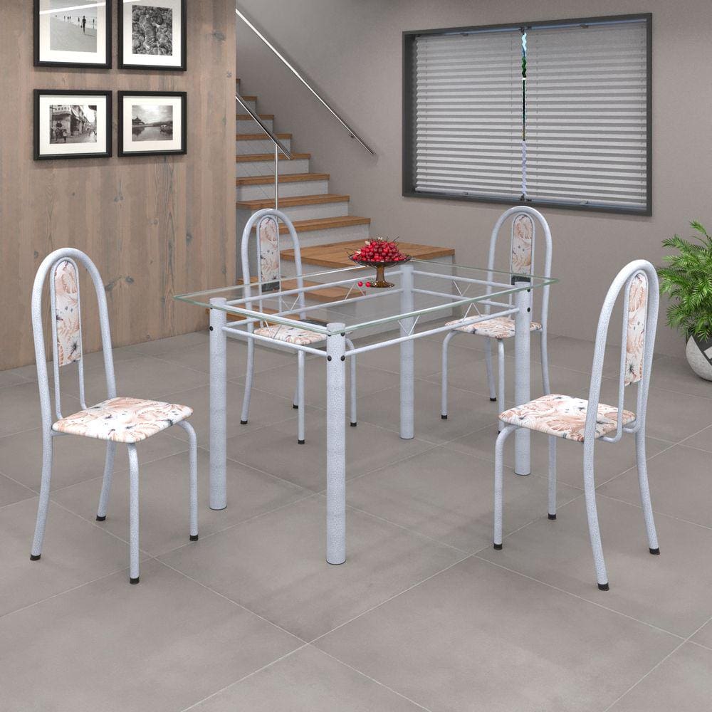 Conjunto de Mesa 010 Tubular 120cm com Tampo de Vidro 4 Cadeiras Iris Soma Móveis Botanic Bege/Martelado Pérola