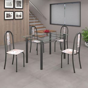 Conjunto de Mesa 010 Tubular 120cm com Tampo de Vidro 4 Cadeiras Iris Soma Móveis Botanic Bege/Martelado Prata