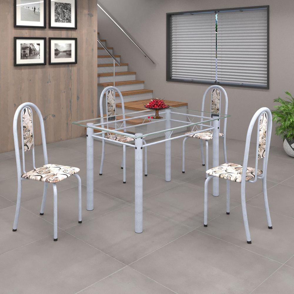 Conjunto de Mesa 010 Tubular 120cm com Tampo de Vidro 4 Cadeiras Iris Soma Móveis Arabesco/Martelado Pérola