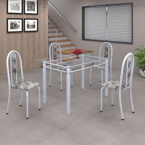 Conjunto de Mesa 010 Tubular 120cm com Tampo de Vidro 4 Cadeiras Iris Soma Móveis Paraopeba/Martelado Pérola