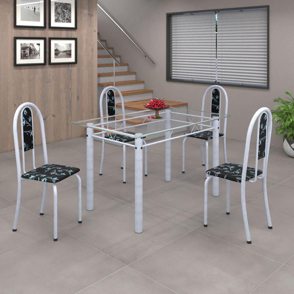 Conjunto de Mesa 010 Tubular 120cm com Tampo de Vidro 4 Cadeiras Iris Soma Móveis Floral preto / Mart Pérola