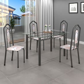 Conjunto de Mesa 010 Tubular 120x75cm Tampo Vidro com 4 Cadeiras Bianca Soma Móveis Botanic Bege / Mart Prata