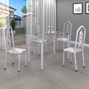 Conjunto de Mesa 010 Tubular 120x75cm Tampo Vidro com 4 Cadeiras Bianca Soma Móveis Arabesco/ Mart Pérola
