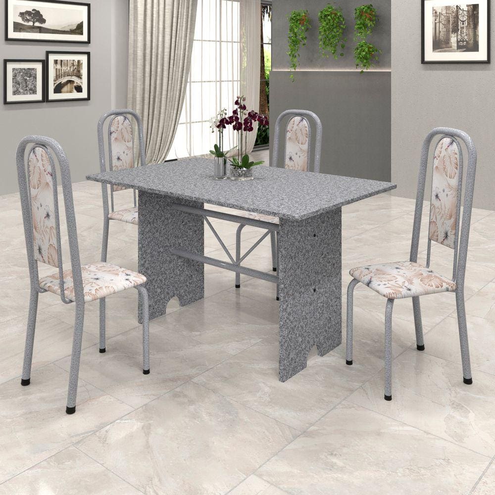 Conjunto de Mesa 070 120x75cm Tampo Granito com 4 Cadeiras Lavínea Soma Móveis Botanic Bege / Mart Perola