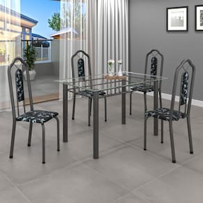 Conjunto de Mesa 010 Tubular 120x75cm Tampo Vidro com 4 Cadeiras Bianca Soma Móveis Preto Floral / Mart Prata