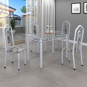 Conjunto de Mesa 010 Tubular 120x75cm Tampo Vidro com 4 Cadeiras Bianca Soma Móveis Paraopeba / Mart Pérola