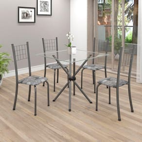 Conjunto de Mesa Tubular 75x75cm Tampo em Vidro com 4 Cadeiras Dany Soma Móveis Paraopeba / Mart Prata