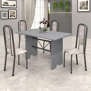 Conjunto de Mesa 070 120x75cm Tampo Granito com 4 Cadeiras Lavínea Soma Móveis Botanic Bege / Mart Prata