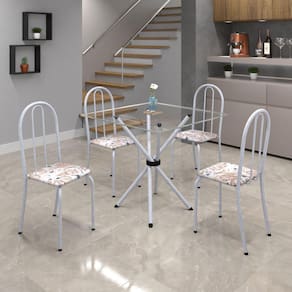 Conjunto de Mesa Tubular 75x75cm Tampo de Vidro com 4 Cadeiras Ane B Soma Móveis Botanic Bege / Mart Perola