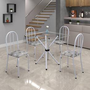 Conjunto de Mesa Tubular 75x75cm Tampo de Vidro com 4 Cadeiras Ane B Soma Móveis Paraopeba / Mart Perola