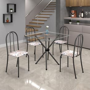 Conjunto de Mesa Tubular 75x75cm Tampo de Vidro com 4 Cadeiras Ane B Soma Móveis Botanic Bege / Mart Prata