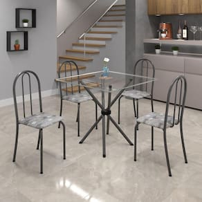 Conjunto de Mesa Tubular 75x75cm Tampo de Vidro com 4 Cadeiras Ane B Soma Móveis Paraopeba / Mart Prata