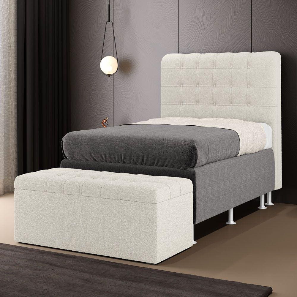 Cabeceira Rana e Calçadeira Alpha 90 para Cama de Solteiro N-037 Bouclê Off White Aradecor