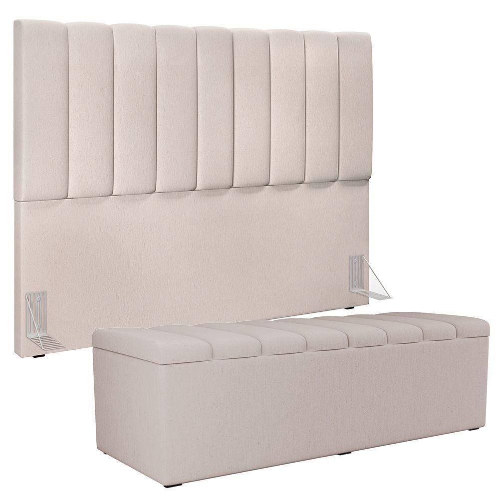Kit Cabeceira Cama Box Casal King 195cm com Calçadeira Baú Dália W01 Linho Cru - Lyam