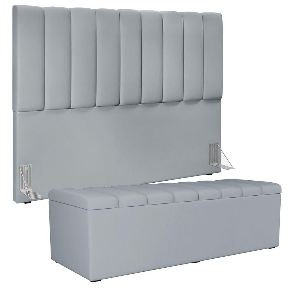 Kit Cabeceira Cama Box Casal King 195cm com Calçadeira Baú Dália W01 Suede Cinza - Lyam