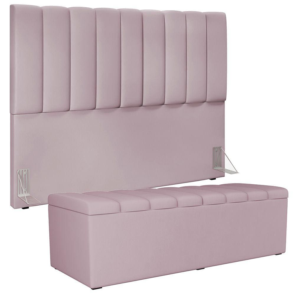 Kit Cabeceira Cama Box Casal King 195cm com Calçadeira Baú Dália W01 Suede Rosê - Lyam
