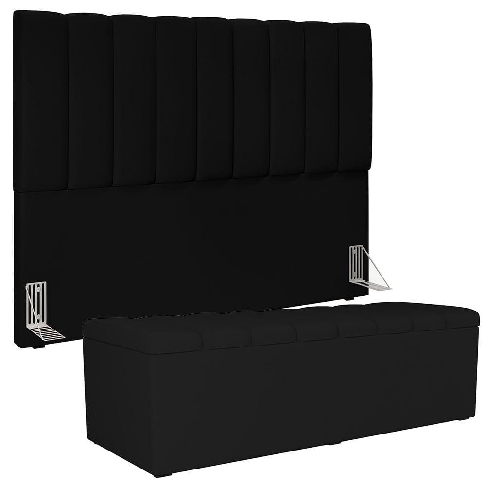 Kit Cabeceira Cama Box Casal King 195cm com Calçadeira Baú Dália W01 Suede Preto - Lyam