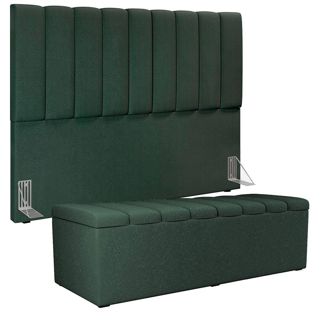 Kit Cabeceira Cama Box Casal King 195cm com Calçadeira Baú Dália W01 Linho Verde Musgo - Lyam