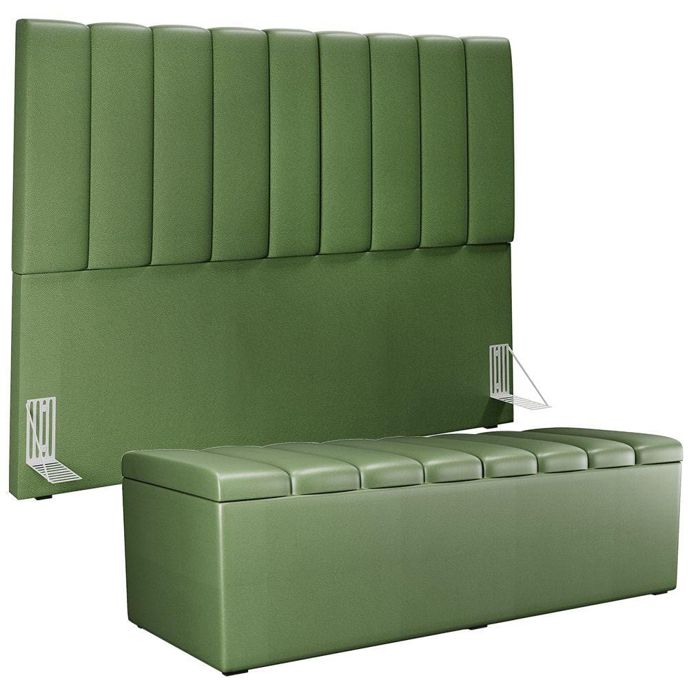 Kit Cabeceira Cama Box Casal King 195cm com Calçadeira Baú Dália W01 Couríssimo Verde Musgo - Lyam