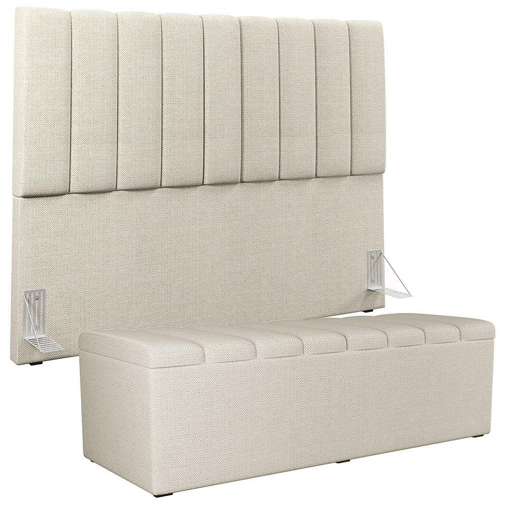 Kit Cabeceira Cama Box Casal King 195cm com Calçadeira Baú Dália W01 Linho Champagne - Lyam