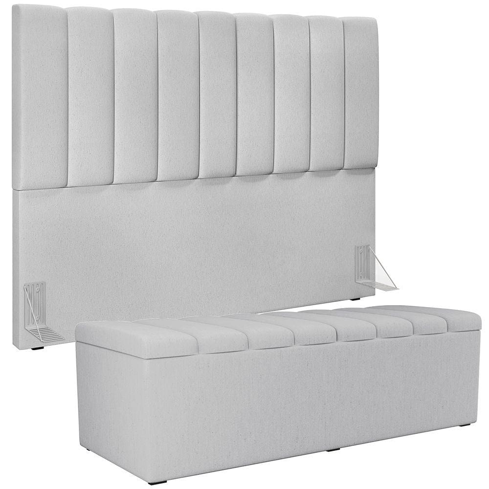 Kit Cabeceira Cama Box Casal King 195cm com Calçadeira Baú Dália W01 Linho Cinza - Lyam