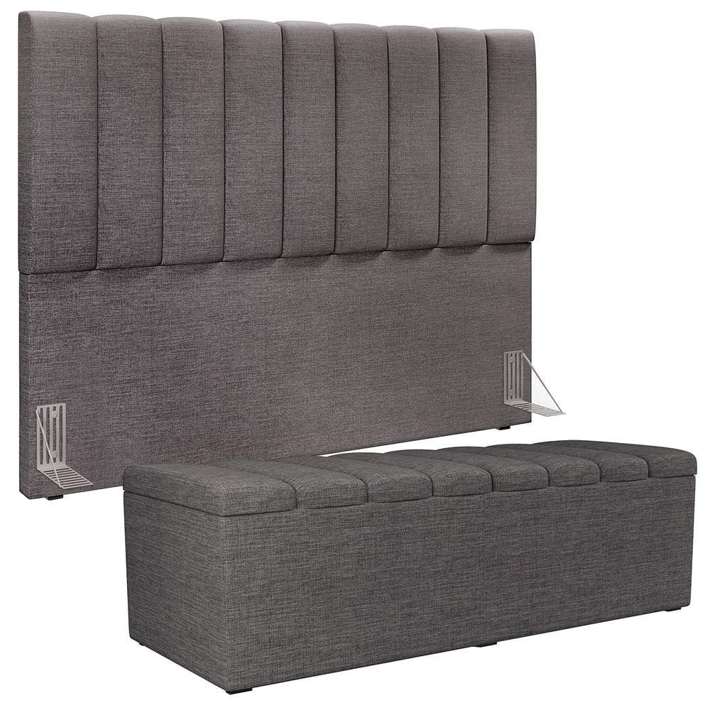 Kit Cabeceira Cama Box Casal King 195cm com Calçadeira Baú Dália W01 Linho Cinza Escuro - Lyam