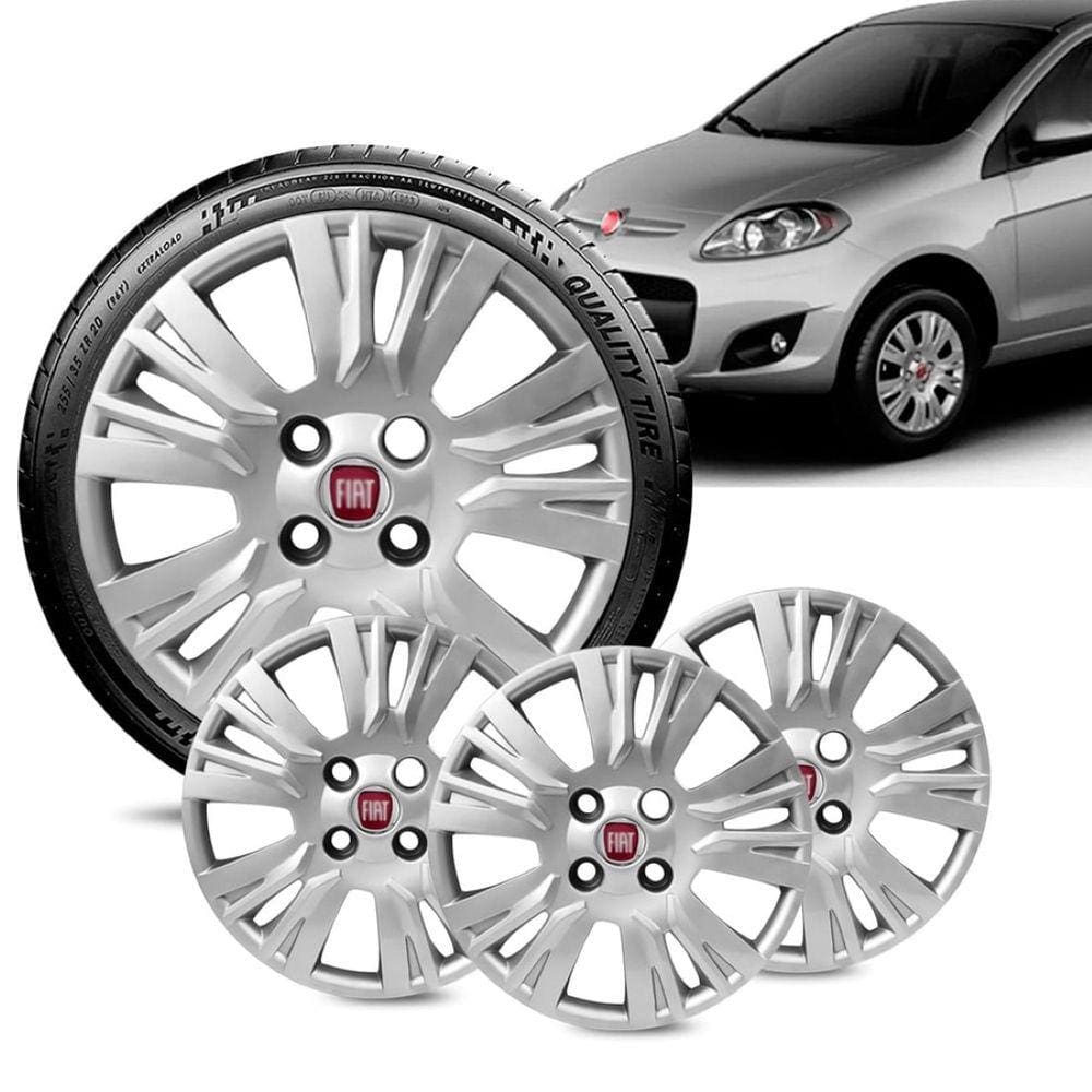 Jogo 4 Calota Fiat Palio Essence aro 13 2014 a 16 Prata logo