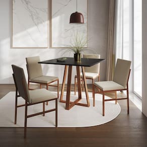 Conjunto de Jantar Mesa Mônaco 90cm Tampo Preto com 4 Cadeiras Bege Base Cobre