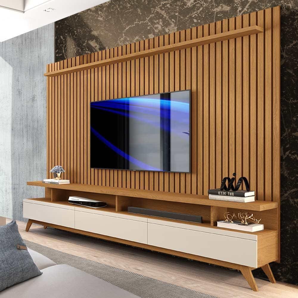 Painel Ripado Com Rack TV Até 75 Polegadas 1.8 Nature Off White Veridian Shop JM